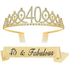 2 Buah/Set Mahkota & Selempang Berlian Imitasi Emas Mawar, Bando Sisir Ulang Tahun, Hadiah Dekorasi Pesta untuk Wanita Usia 18/21/30/40/50/60/70/80 Tahun, Aksesoris Pesta - Emas - View 11