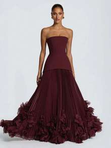 Strapless Structured Bodice Pleated Maxi Gown 3D Floral Ruffle Hem Burgundy Formal Evening Dress Women Gala Wedding Guest Long Dress - Burgundy - View 2