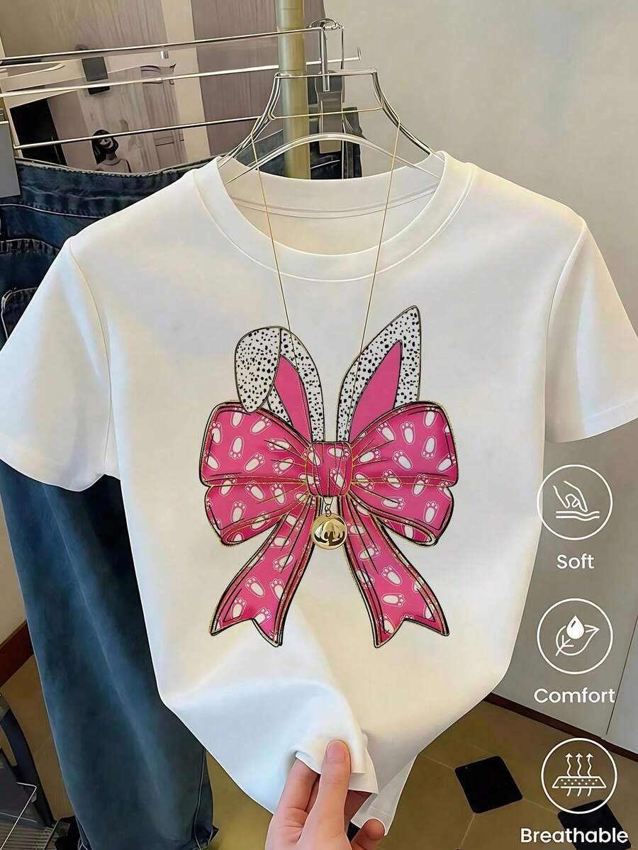Women's White T-Shirt With Rabbit Ears And Paws In Leopard Print, Fashionable Animal Print T-Shirt, Casual Summer Blouse With Cute Bunny Design, Aesthetic And Fun Top - 藍色和黑色 - 查看 1