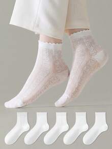 ZUJO 5 Pairs Women's Solid White Bow Heart Pattern Hollow Out Ruffle Trim Short Socks, Soft And Breathable, Suitable For Spring, Autumn, Summer Daily Wear - View 3