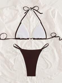 Bikini de dos piezas con escote halter y copa triangular, edición de junio de la serie Sunshine Girl 2026 para mujer, color beige y contraste. Traje de baño de vacaciones. - Blanco - Ver 4