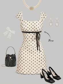 Floral Print Mesh Pleat Dress With Bow - Apricot - View 1