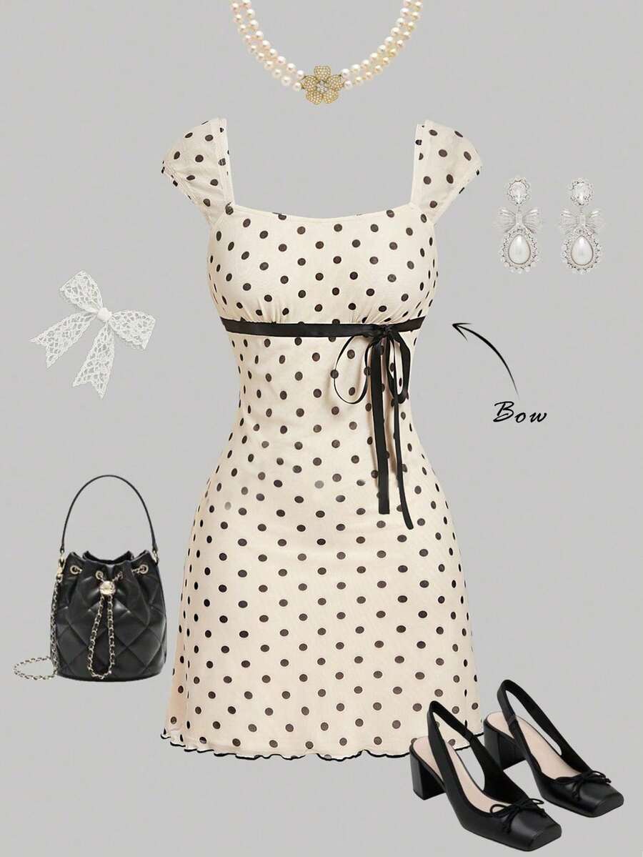 Floral Print Mesh Pleat Dress With Bow - Apricot - View 1