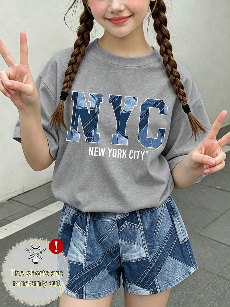 2件/套：1件「NYC」圖案短袖T恤和1件牛仔風短褲，夏季新款舒適套裝 - 灰色 - 查看 1