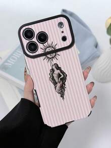 1pc Fashion Minimalist Pink Stripe Sun Portrait Pattern Full Coverage Classic Anti-Drop Large Window Premium Soft Texture PU Leather Phone Case, Suitable As Birthday Gift, Holiday Gift For Friends, Family, Couples, Yourself, Compatible With IPhone 17/16/15/14/13/14/12/11 Series - Multicolor - View 1