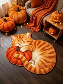 1 pieza Alfombra decorativa con gato naranja lindo sosteniendo calabaza, tema de Halloween, decoración de dormitorio, alfombra pequeña, alfombra, decoración del hogar, alfombra de sala de estar, alfombra pequeña de sala de estar, alfombra de dormitorio, decoración del hogar de sala de estar, alfombra para exteriores, alfombra lavable - Multicolor - Ver 2