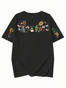 夏季新款 Gen Z Y2K 風格女款趣味卡通袖印花圓領短袖 T 恤休閒黑色 - 黑色 - 查看 6