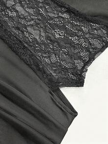Women's Black Spaghetti Strap Fitted Dress With Lace Patchwork, Waist-Flattering Slimming Design, Elegant Vacation Party Dress For Spring, Summer And Autumn - Black - View 8