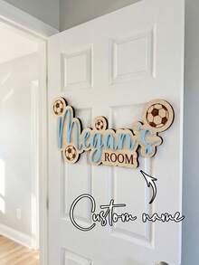Customized Football Theme Wooden Name Plate Wall Decor, 3D Double-Layered Overlap Design, 30cm/40cm/50cm Sizes, Personalized Name Sign Birthday Gift - Black - View 1