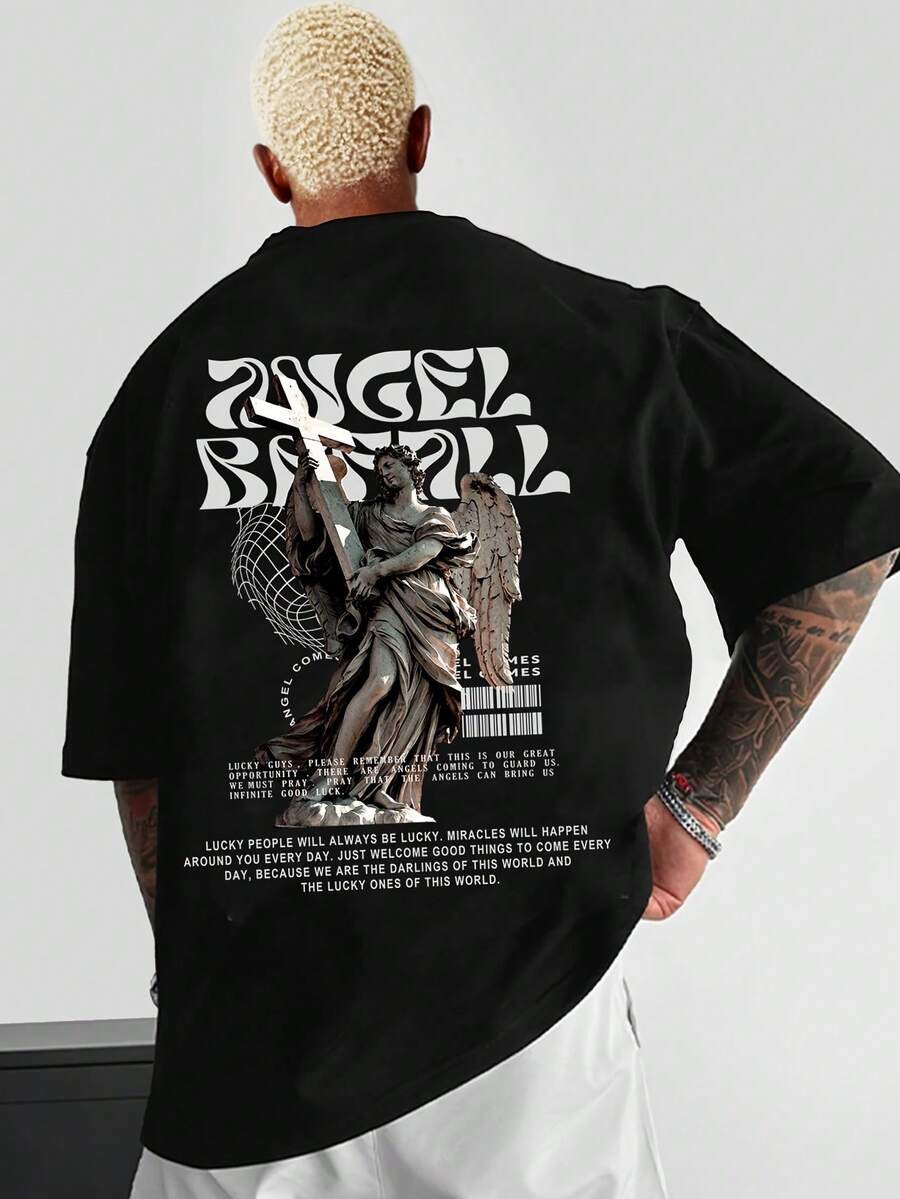 Men's T-Shirt With Angel Print - Black - View 1