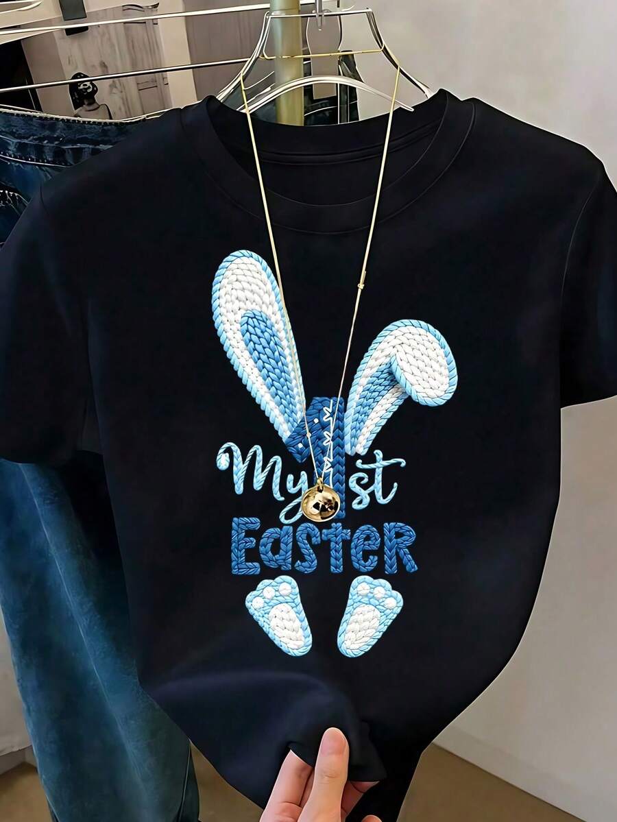 Women's White T-Shirt With Rabbit Ears And Paws In Leopard Print, Fashionable Animal Print T-Shirt, Casual Summer Blouse With Cute Bunny Design, Aesthetic And Fun Top - 水鴨藍 - 查看 1