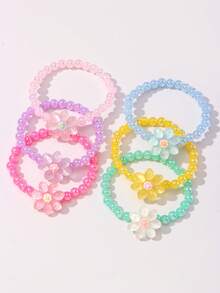6pcs Cute Flower Pendant Pearl Beaded Bracelet/Bangle/Wrist Accessories, Suitable For Girls Everyday, Festival, Birthday, Party Wear - Multicolor - View 18