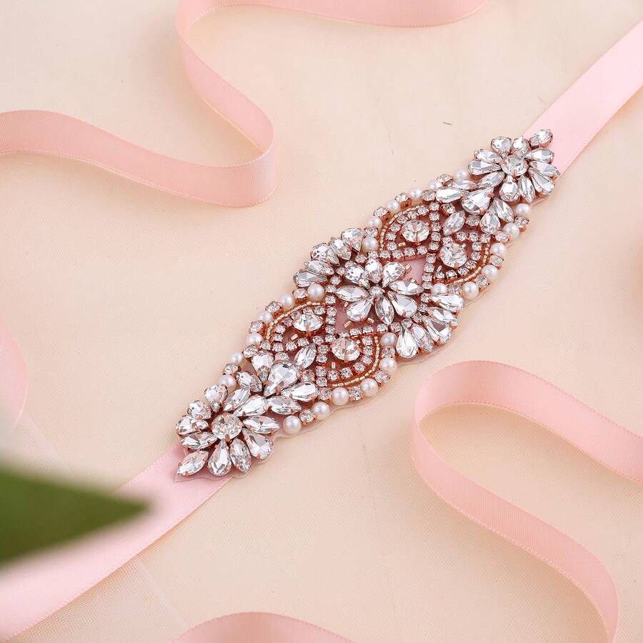 1pc Rhinestone Handmade Bridal Belt - Rose Gold Applique+Blush Ribbons - View 1