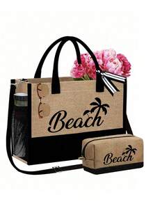 Beach Themed Tote Bag Set With "Beach" Lettering And Palm Tree Graphics. This Fashionable Foldable Beach Bag Is Perfect For Swimming And Beach Trips. It Can Also Be Used As A Women's Shoulder Bag, Grocery Shopping Bag, Or Multipurpose Storage Bag. Chic Commuter Handbag - Multicolor - View 21