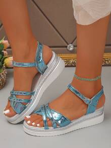Women's Wedge Platform Sandals, Solid Color Beach Vacation Buckle Comfortable Height-Increasing Open Toe Summer Sandals - Mint Blue - View 3