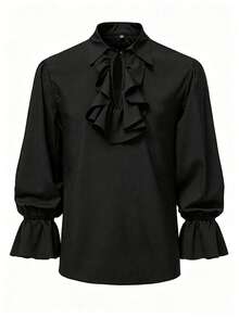 Halloween - Men's Vintage Medieval Vampire Aristocrat Halloween Party Ruffled Collar Casual Long Sleeve Dress Shirt - Black - View 1