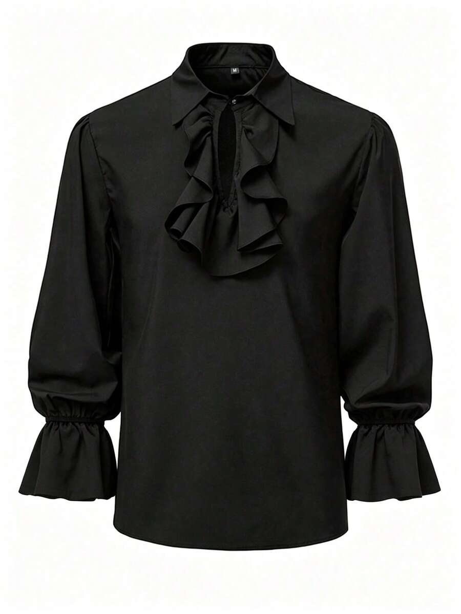 Halloween - Men's Vintage Medieval Vampire Aristocrat Halloween Party Ruffled Collar Casual Long Sleeve Dress Shirt - Black - View 1