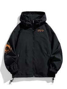 Plus Size Men's Casual Printed Lightweight Hooded Windbreaker Jacket, Autumn - Black and White - View 1