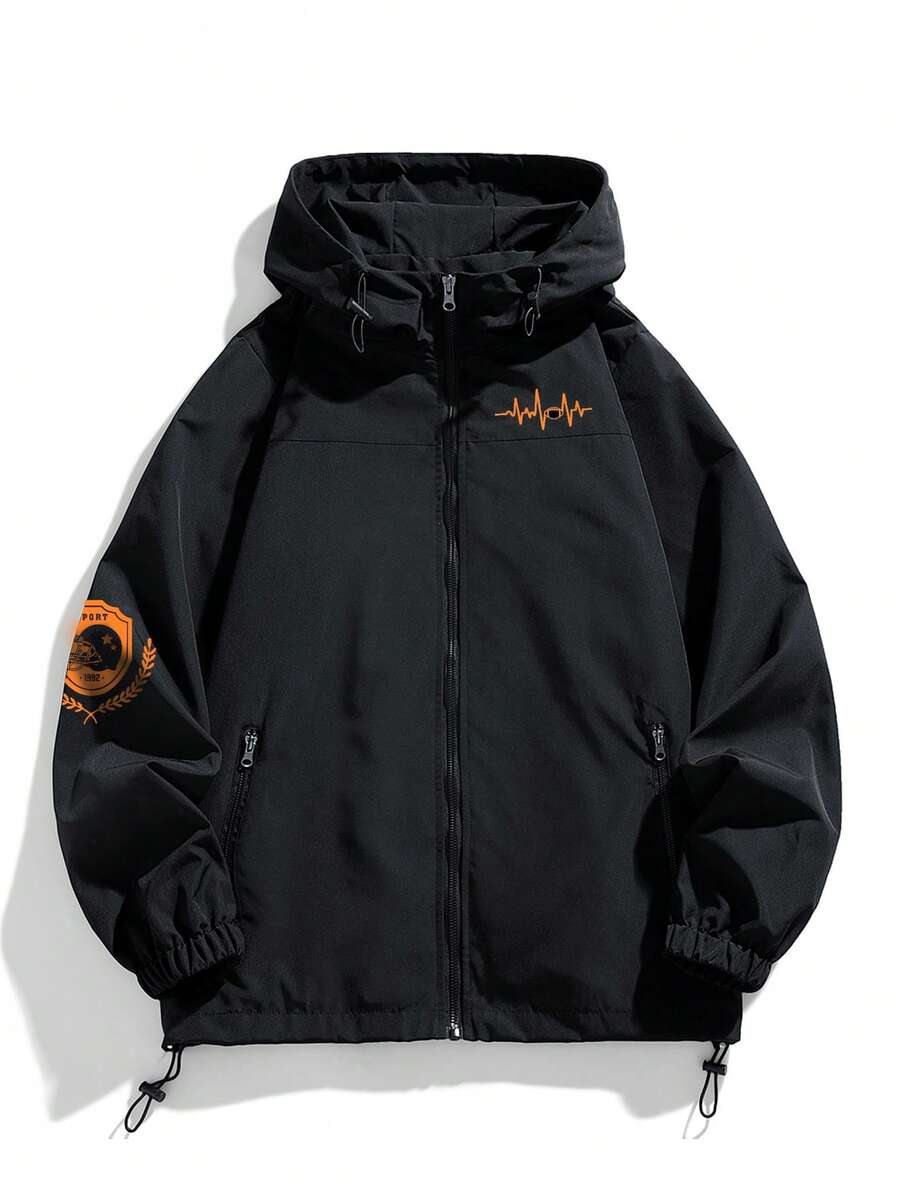 Plus Size Men's Casual Printed Lightweight Hooded Windbreaker Jacket, Autumn - Black and White - View 1