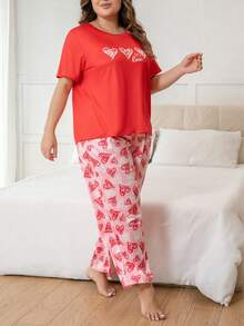 Plus Size Casual Comfortable Heart Print Short Sleeve Red Full Heart Print Pants Women's Loungewear 2 Pieces Set Pajamas - Red - View 5
