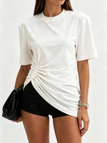 Women's White Knit Round Neck Short Sleeve Asymmetric Hem Detail Regular T-Shirt, Commuting & Casual Summer - White - View 9