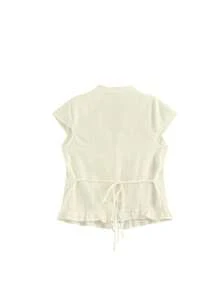 Summer Niche Design Minimalist Slim Fit French White Lace Trim Tie Front Short Sleeve Blouse Women's Tops - Beige - View 4