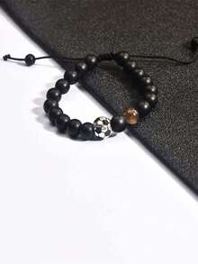 1pc Men's Football Beaded Bracelet, Black Matte Tiger Eye Stone Bracelet, Black Matte Beaded Football Theme Bracelet With Tiger Eye Stone Accents, Simple Adjustable Braided Rope Design, Personalized Versatile Sports Style Accessory - Multicolor - View 1