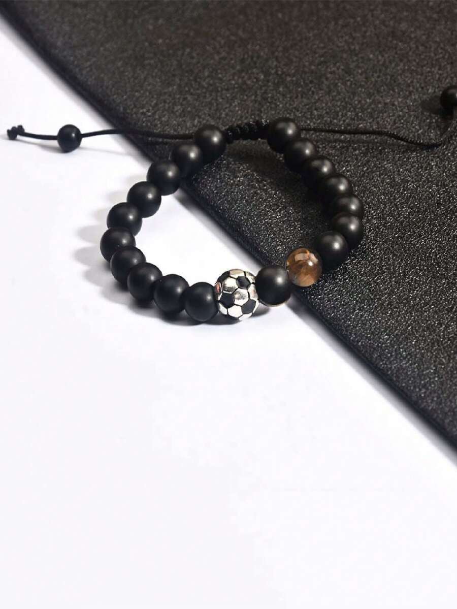 1pc Men's Football Beaded Bracelet, Black Matte Tiger Eye Stone Bracelet, Black Matte Beaded Football Theme Bracelet With Tiger Eye Stone Accents, Simple Adjustable Braided Rope Design, Personalized Versatile Sports Style Accessory - Multicolor - View 1
