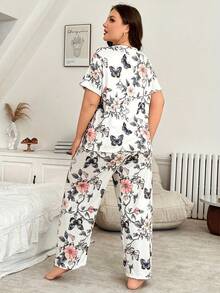 Plus Size Casual Comfortable Printed Short Sleeve & Long Pants Women's Loungewear 2 Pieces Set Pajamas - White - View 3