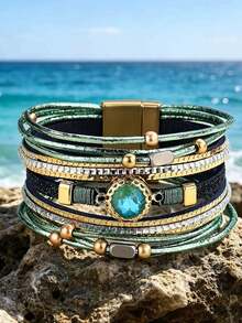 1pc Multi-Layer Leather Bracelet With Pink Crystal & Rhinestone, Magnetic Clasp, Bohemian Stackable Wrist Jewelry For Women - Khaki - View 6
