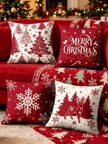 1/4pcs New Christmas Pattern Pillowcase, Christmas-Themed Throw Pillow Cover, Decorative Pillow Cover, Square Pillowcase, Christmas Decoration, Suitable For Living Room, Sofa, And Bedroom Party Decor, Pillow Insert Not Included 18x18 Inches - Red - View 4