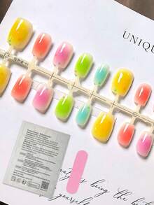 30pcs Rainbow Candy Island Colorful Gradient Macaron Soft Cute Short Square Removable Press-On Nails, Includes 1pc Jelly Glue And 1pc Nail File - 彩色 - 查看 2