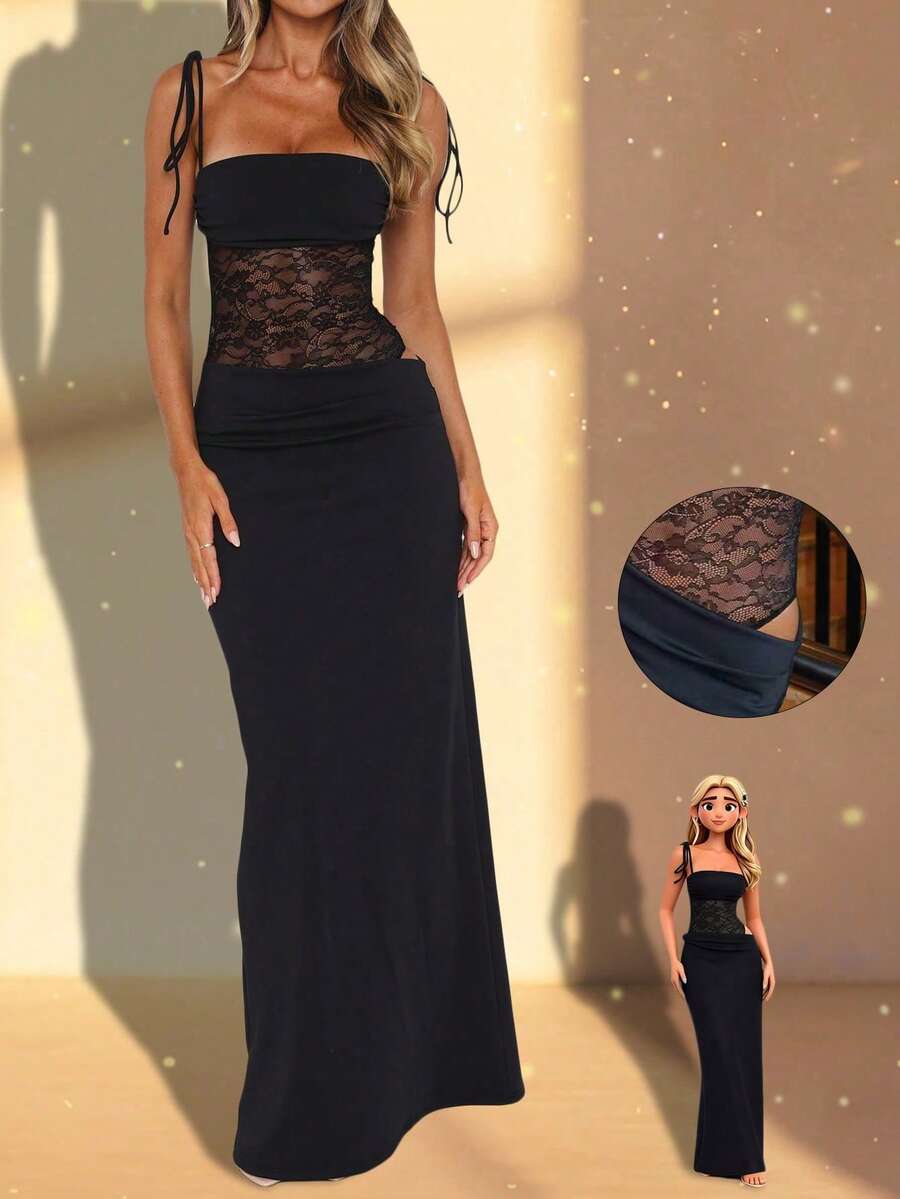 Women's Black Spaghetti Strap Fitted Dress With Lace Patchwork, Waist-Flattering Slimming Design, Elegant Vacation Party Dress For Spring, Summer And Autumn