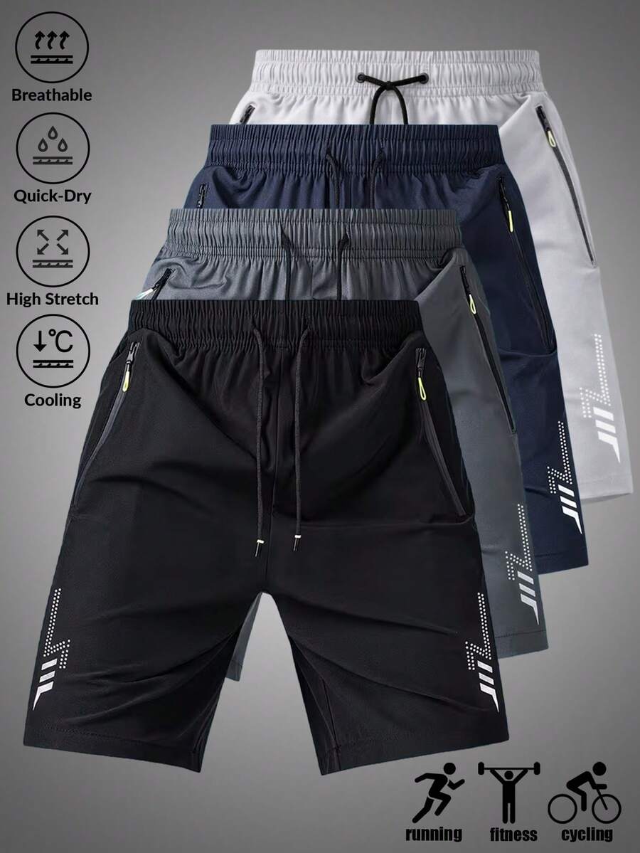 Men's Summer Shorts Sports 3/4 Pants Printed Drawstring Zipper Pockets Suitable For Fitness Running Workout - Black - View 1