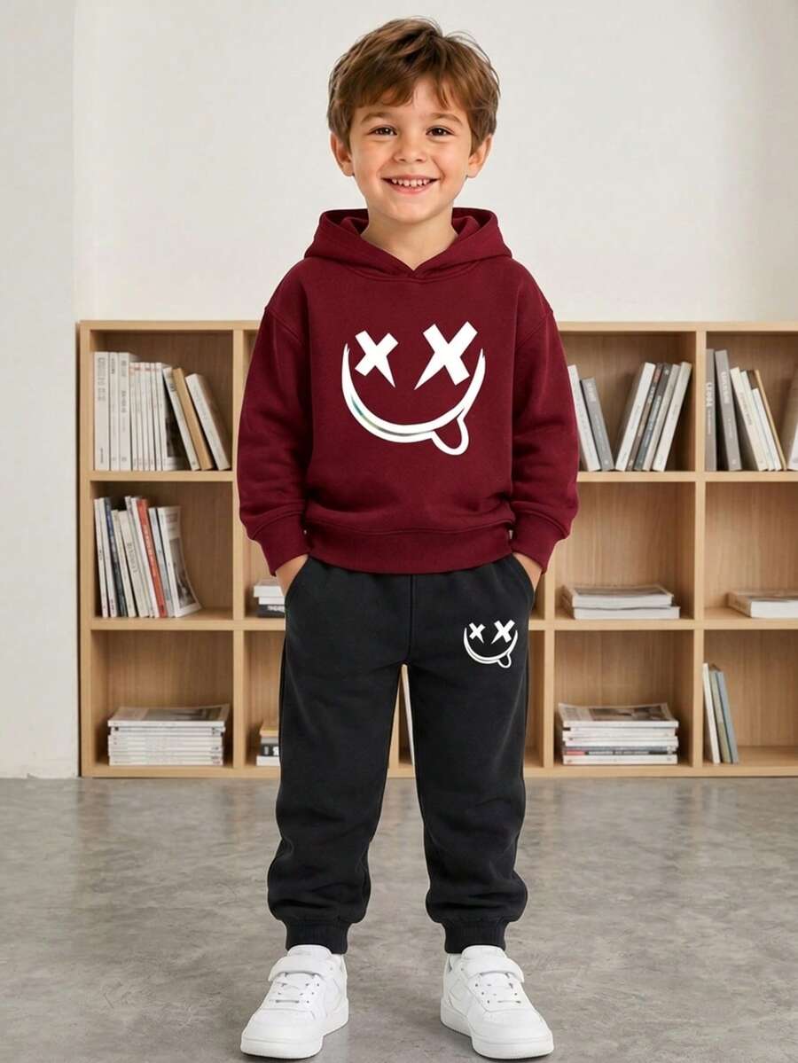 Bộ 2 áo nỉ in hình mặt cười cho bé trai và quần nỉ - Màu Đỏ Sâu - Xem 1