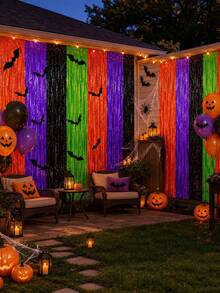 2/4pcs Halloween Foil Fringe Curtain, 4 Colors Optional, Selfie Props, Includes 12pcs C-Shaped Bat Stickers, Halloween Indoor And Porch Decoration, Thriller Party Wall Decals - Multicolor - View 2