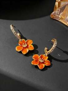 1 Pair Elegant Luxury French Summer Vacation Beach Style Sparkling Handmade Oil-Drip Vibrant Orange Plumeria Pendant Earrings For Women - Orange - View 3