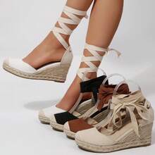 Women's Elegant Closed Toe Espadrille Wedge Sandals With Lace Up Ankle Strap, Platform Summer Vacation Heels For Casual Travel And Daily Wear - 白色 - 查看 2