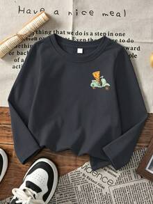 1pc Long Sleeve Crew Neck T-Shirt, Printed With Pizza And Electric Scooter Pattern, New Comfortable Autumn Baby Boy Top - Dark Grey - View 2