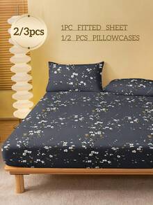 2/3-Piece Dark Gray Plum Blossom Print Bed Sheet Set, No Filling, Bedroom Bed Sheet Set, Brushed Microfiber Material, Breathable And Comfortable, Includes 1 Mattress Cover And 1/2 Pillowcases, Bed Cover Set, Extra Large, Large, Standard Double, Single Bed Sizes Available, Bedroom Bed Sheet Set, Breathable And Comfortable, Deep Pocket Design Up To 11.8 Inches, Breathable And Wrinkle-Resistant, Machine Washable, Suitable For Dorms, Back To School Season And Other Occasions. - Dark Grey - View 2