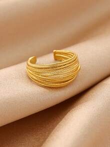 1 Peça Anel Personalizado com Estrela & Flor Canelado, Banhado a Ouro 18K, Banda Aberta, Acessório de Design de Nicho, Presente para Look de Uso Diário - Dourado 2 - Visão 6