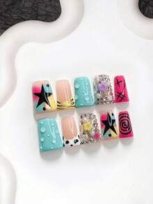 10pcs Y2K Style Handmade Press-On Nails, Polymer Nail Tips Set, Small Flower Rhinestone Decor, Blue And Fuchsia Nail Polish, Sweet & Cool Style, Includes Manicure Tools, 3 Sizes Available, Almond, Duck, Coffin Shape, Suitable For Party, Dance, Daily Wear - Multicolor - View 16