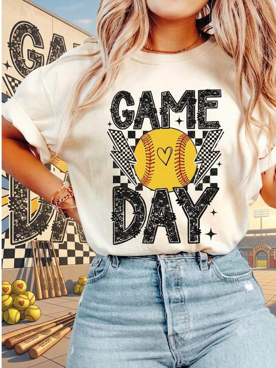 Game Day Short Sleeve Softball Mom Ladies Top, Comfortable Fabric - 2026 New Women's T-Shirts - Easter Tops - White Tanktop - Summer Top - 杏色 - 查看 1