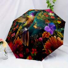 1件裝蜂鳥折疊傘－自然主題油畫風設計，含蜂鳥、蝴蝶與繽紛花卉圖案，平面印花折疊傘，耐用傘面，耐用塑膠與鐵材，輕量便攜，適合旅行通勤、休閒日常使用，通勤配件，節日禮物 - 彩色 - 查看 5