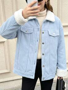 Girls' Casual Fashion Light Blue Drop Shoulder Teddy Fleece Lined Long Sleeve Jacket, Autumn/Winter - Baby Blue - View 4