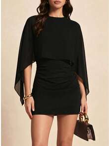 2-In-1 Solid Color Mini Dress With Batwing Sleeves And Splicing, Lightweight, For Date Nights, Vacations, Birthday Parties And Everyday Wear - Black - View 9