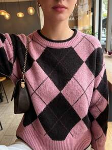 Sweater Pullover Rajut Argyle Colorblock Wanita, Bahu Jatuh, Lengan Panjang, Potongan Longgar, Lembut & Nyaman, Serbaguna - Berwarna merah muda - View 4