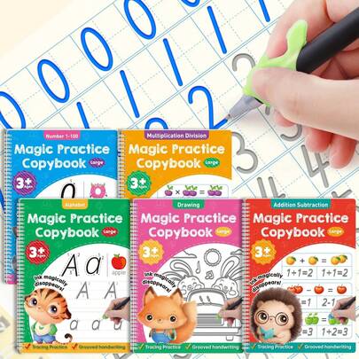 Cuadernos mágicos grandes con ranuras para practicar (paquete de 5) con bolígrafos, cuadernos mágicos reutilizables para niños, cuadernos de escritura mágicos para trazar números y letras para niños de 3 a 8 años, jardín de infancia y preescolar.