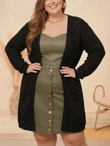 Women's Plus Size Knit Cardigan With Braids, Warm Winter Coat, Long Sleeves With Pocket, English Knit - Black - View 2