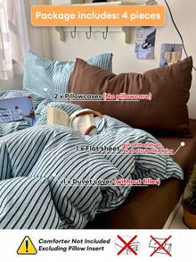 4件組美式復古小眾條紋床上用品套組，混搭風藍色調條紋，超柔軟親膚雙股紗滌綸，四季通用，包含1件被套、1件床單和2件枕套，不含被芯與枕芯 - 棕色 - 查看 6